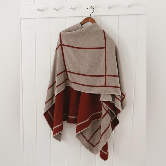 Reversible Blanket Shawl Cape Burnt Red Orange Beige Tan Linear Geometric Warm - Picture 7 of 10